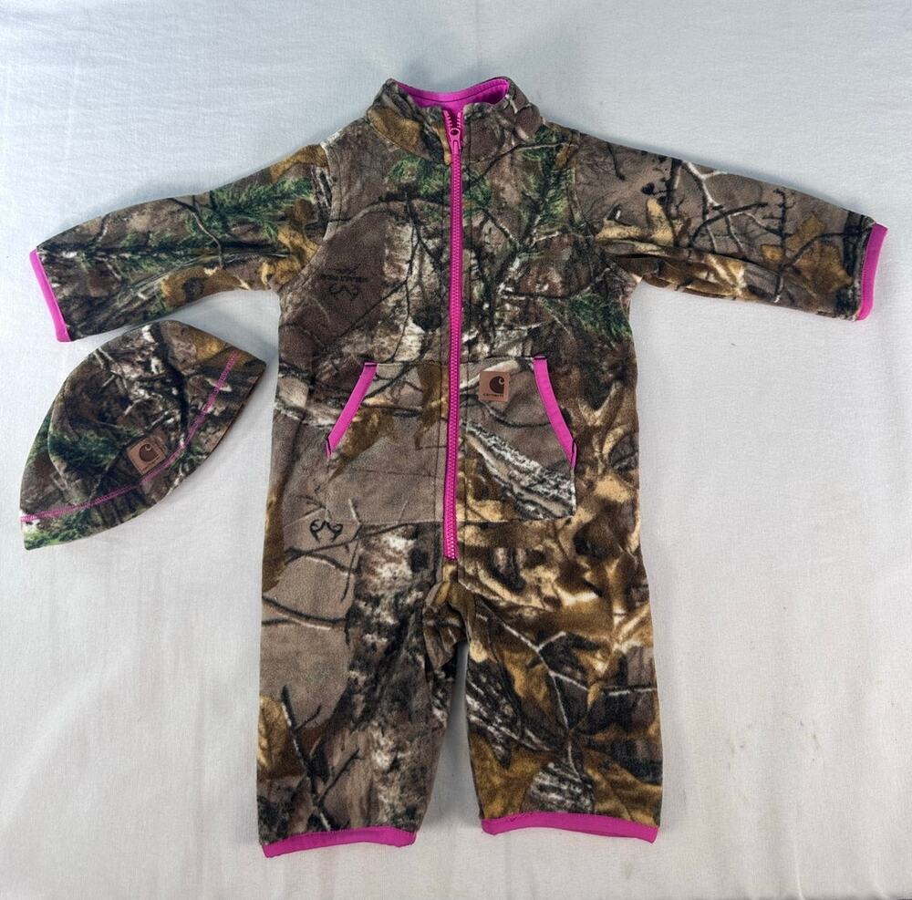 Carharrt Infant Girl 6 Month Fleece Zip One Piece & Hat Set Real Tree Camo Pink